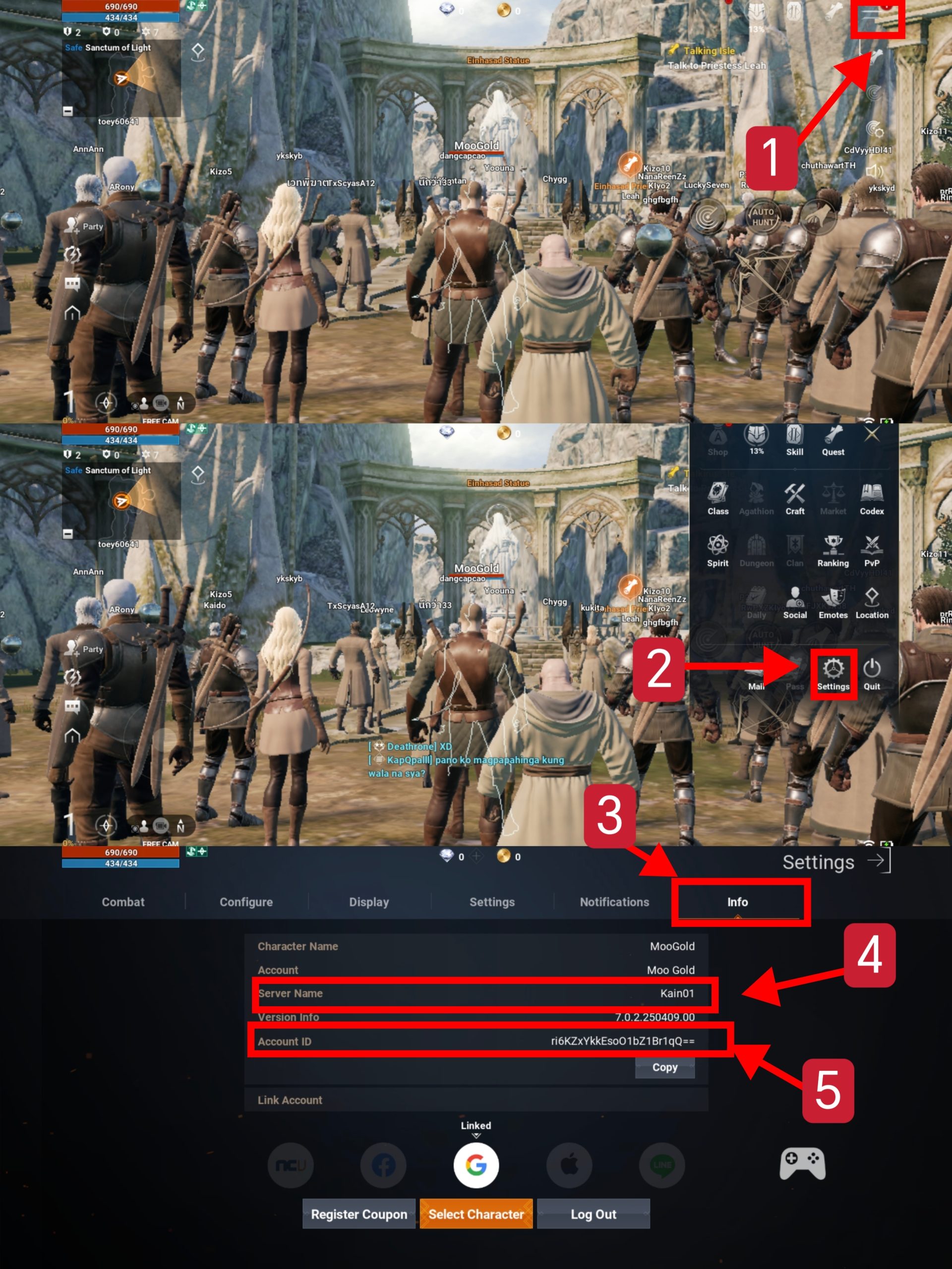 Lineage2M character information panel displaying Character ID UID and sub-server designation