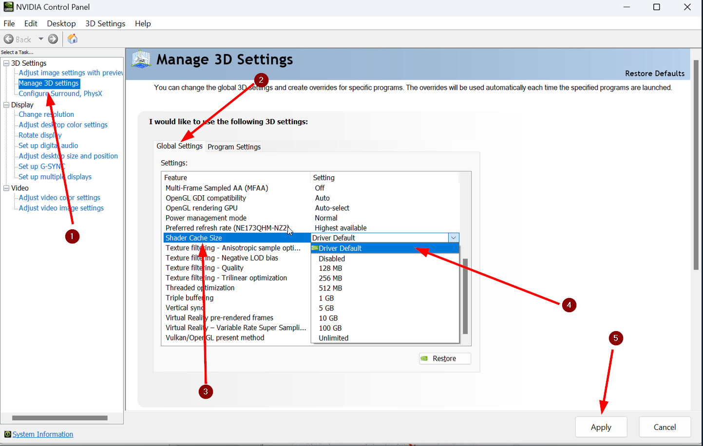 NVIDIA Control Panel 3D settings menu highlighting Shader Cache Size configuration