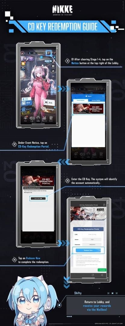 Commander redeeming friend invite codes in Goddess of Victory Nikke notice menu