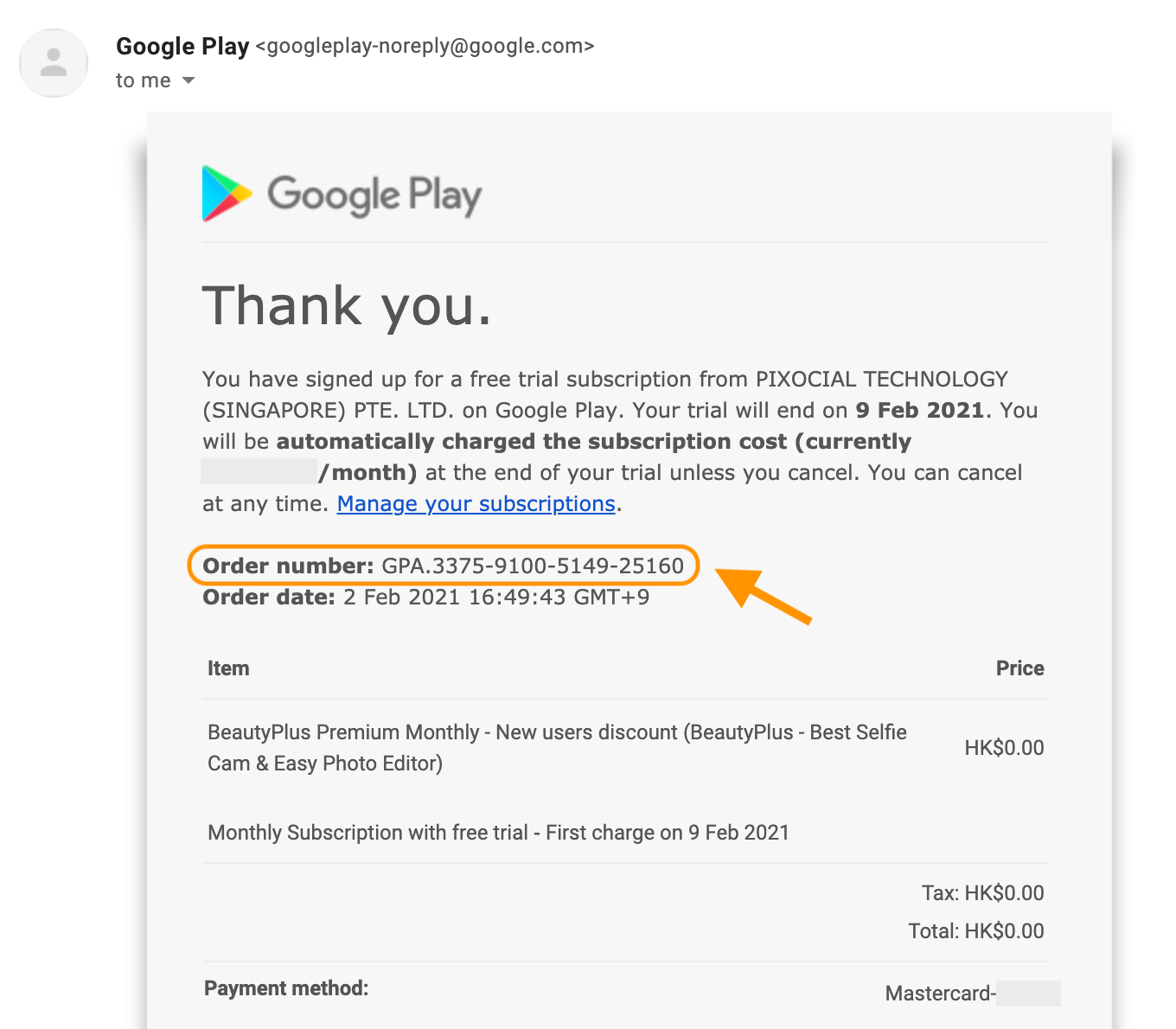 Google Play transaction receipt showing a 17 digit GPA order number