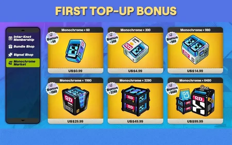 In-game Zenless Zone Zero Monochrome purchase interface with initial bonus packages