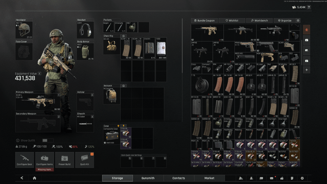 Arena Breakout inventory screen showing secure container slots and equipment