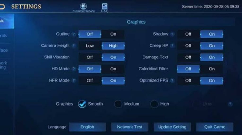 Visualização das configurações do servidor no Mobile Legends