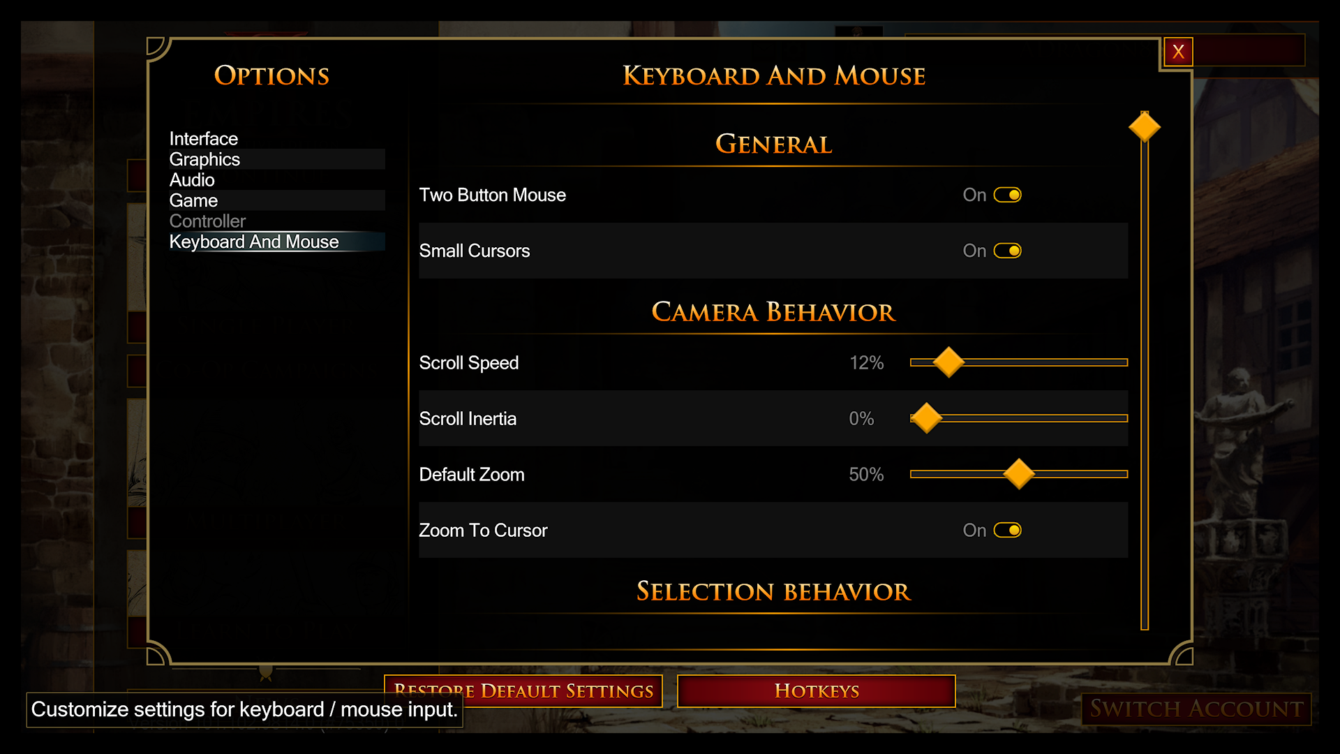 Age of Empires Mobile PC Edition settings menu displaying mouse sensitivity sliders and cursor configuration options