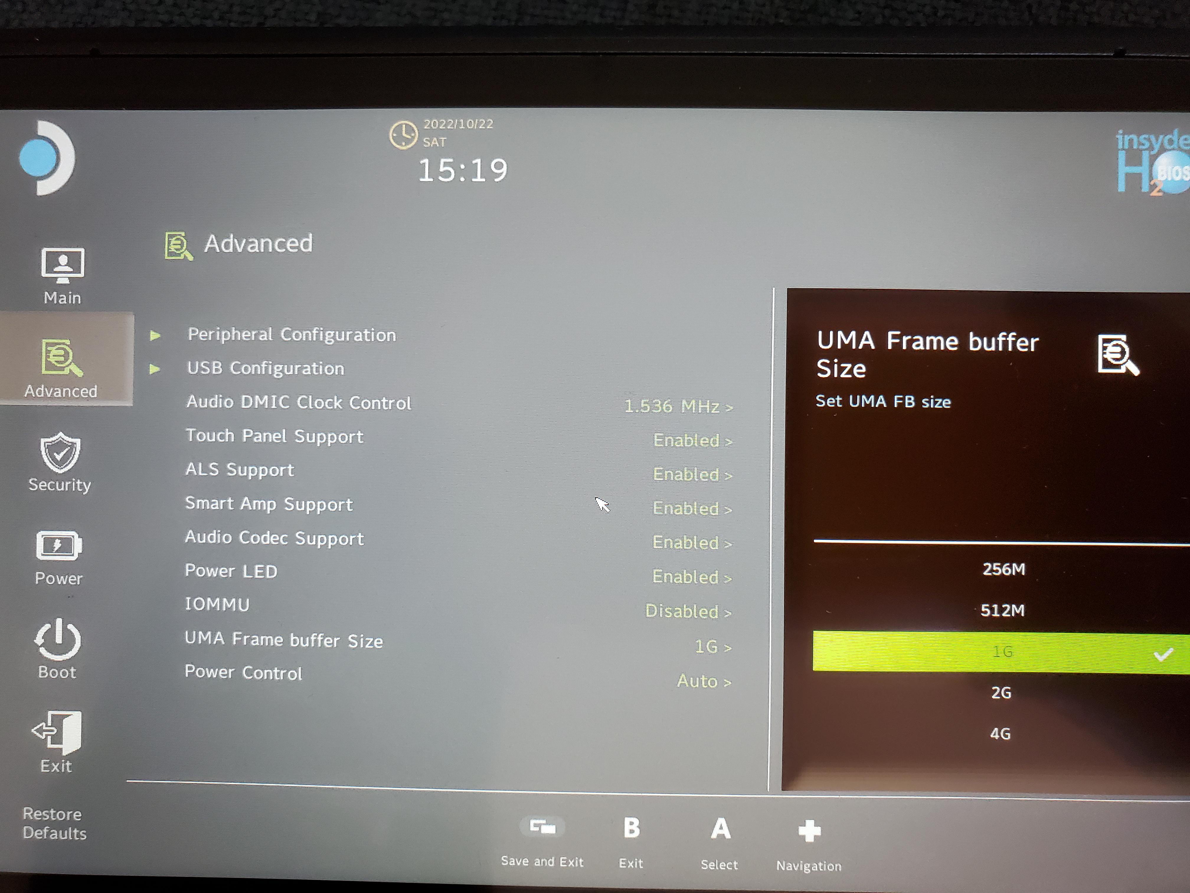 UEFI BIOS Advanced menu on Steam Deck showing the UMA Frame Buffer Size selection option