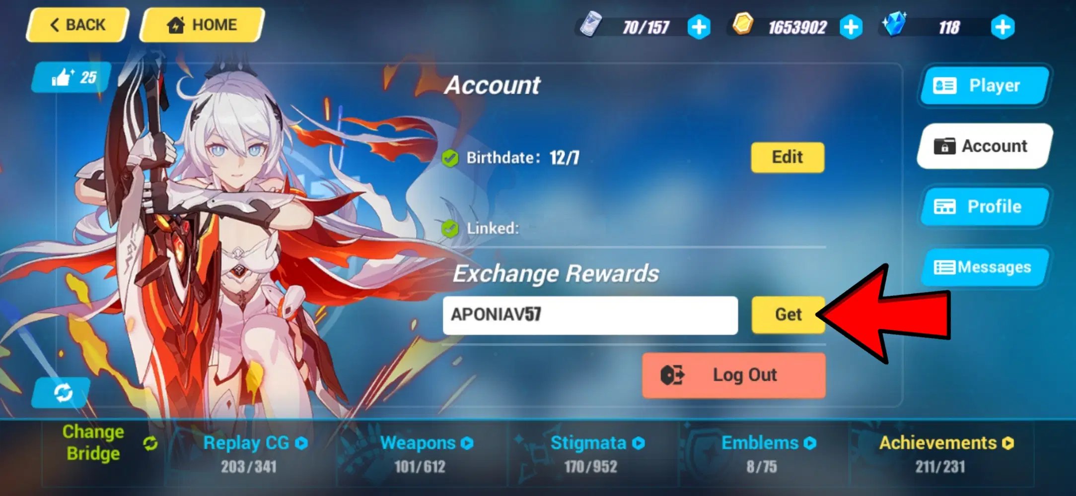 Honkai Impact 3rd account profile exchange rewards redemption menu