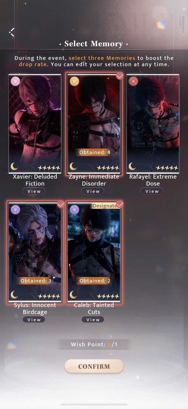 Love and Deepspace Precise Wish target selection screen