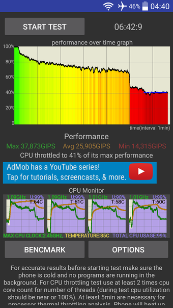 Mobile phone displaying battery temperature and frame rate performance graphs