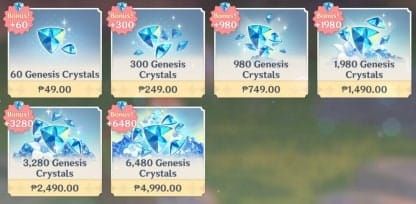 In-game Genesis Crystal purchase shop displaying first top up double bonus tags on crystal packs
