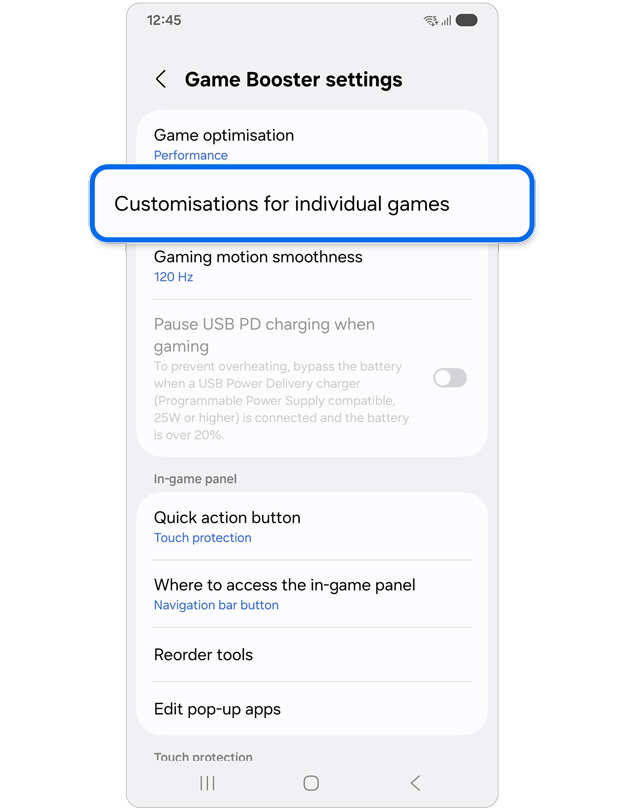 Samsung Game Booster settings interface on Android