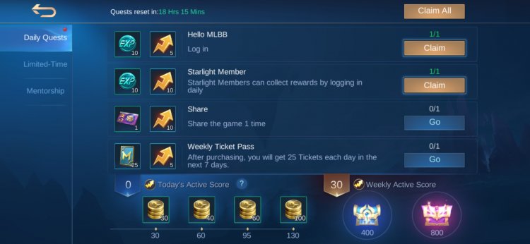 Zadania dzienne i skrzynie aktywności Mobile Legends Bang Bang