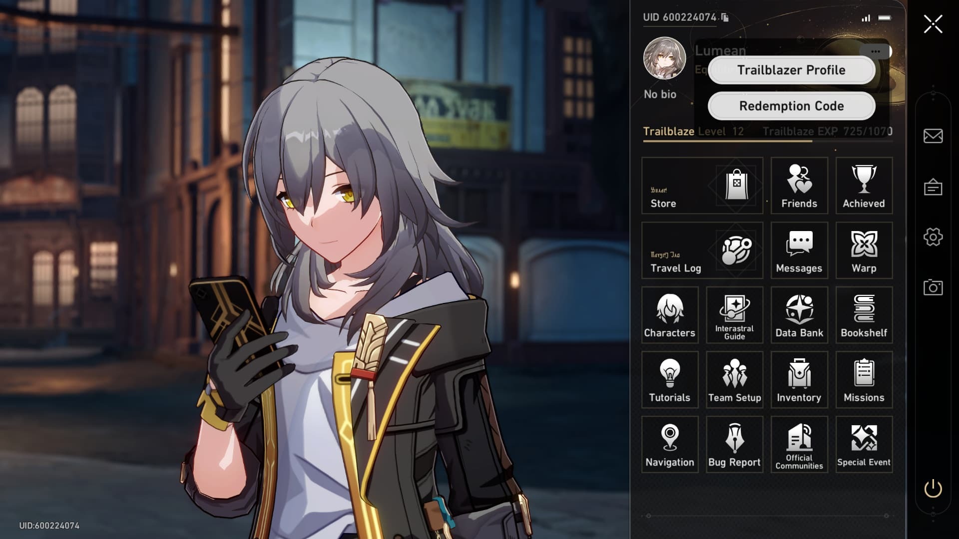 Honkai Star Rail phone menu showing the Redeem Code option