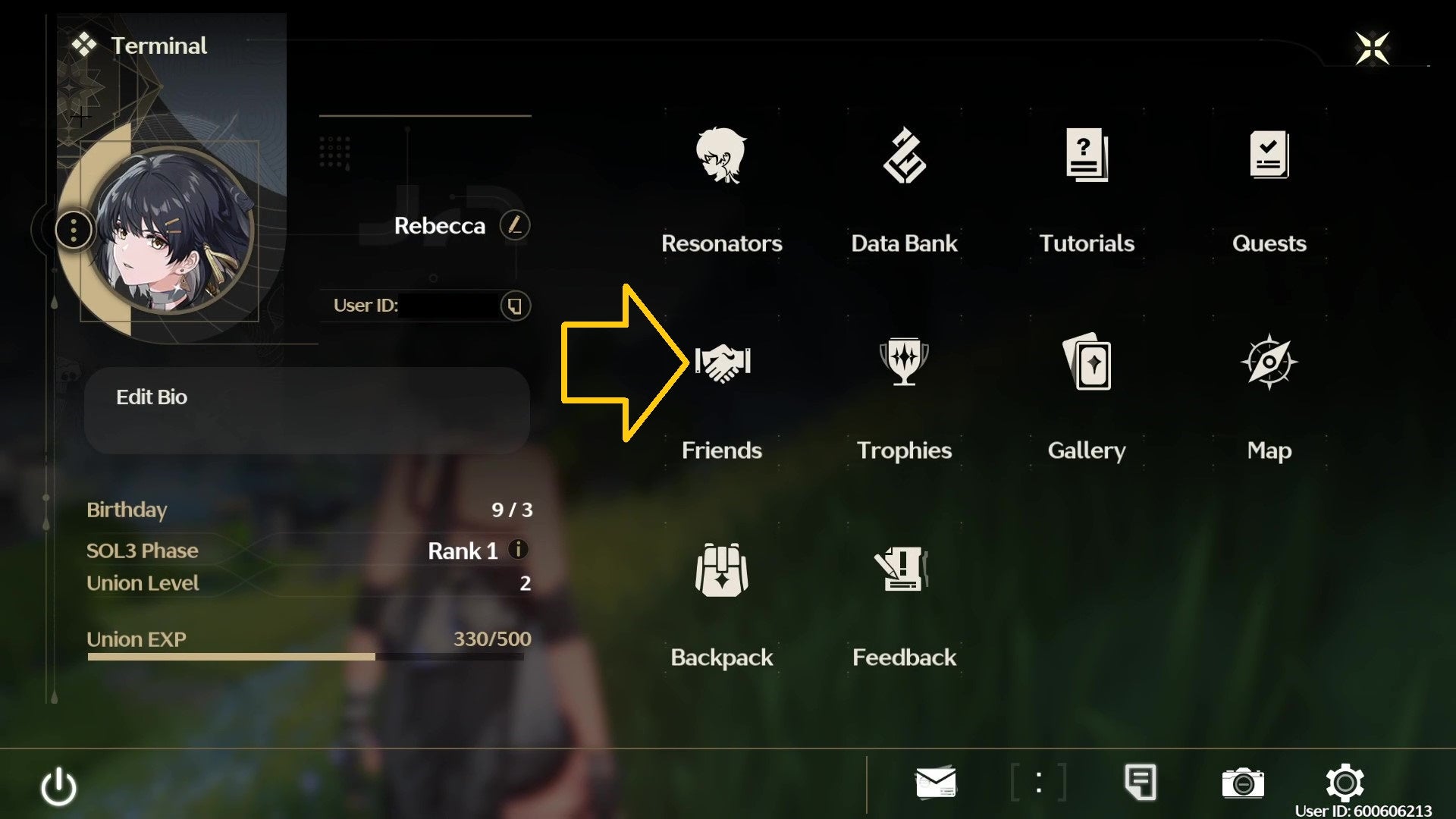 Player opening the Terminal menu to find their UID number on the left side