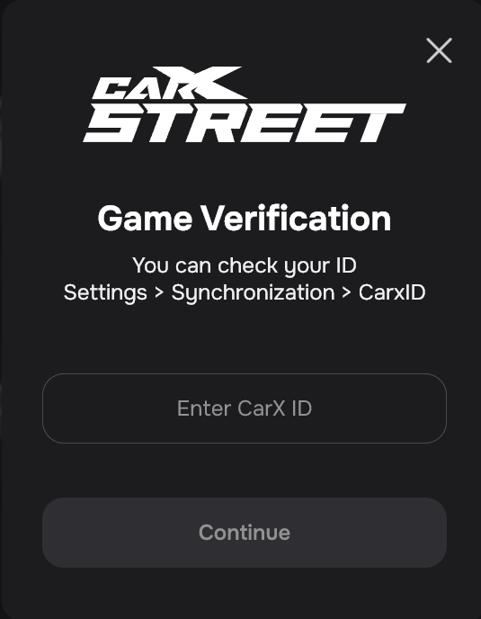 CarX Street account settings tab displaying player driver name and numeric CarX ID