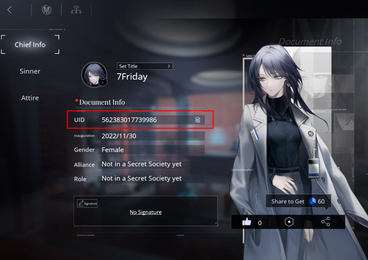 Path to Nowhere player profile screen showing Chief UID and server details