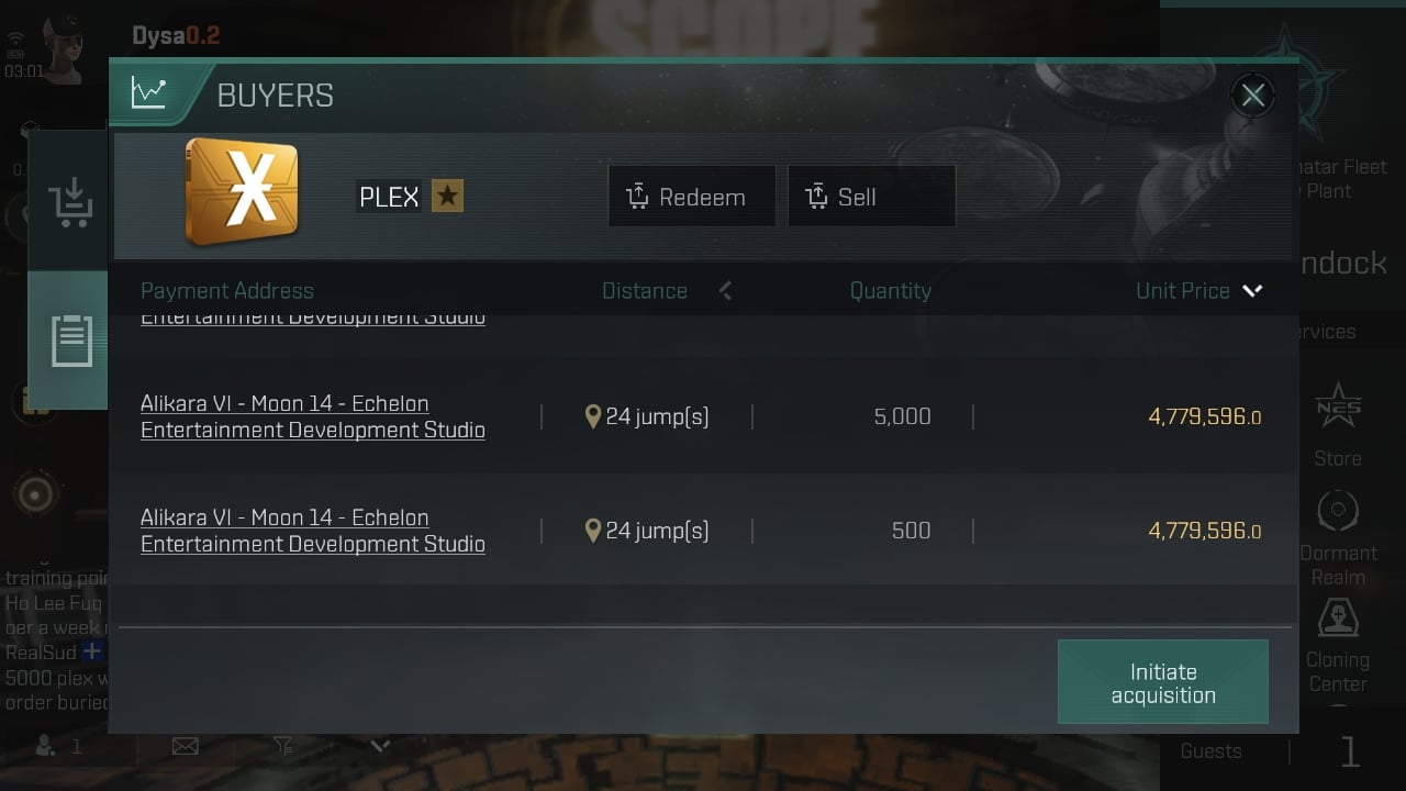 EVE Echoes in-game market interface displaying AUR and PLEX conversion options