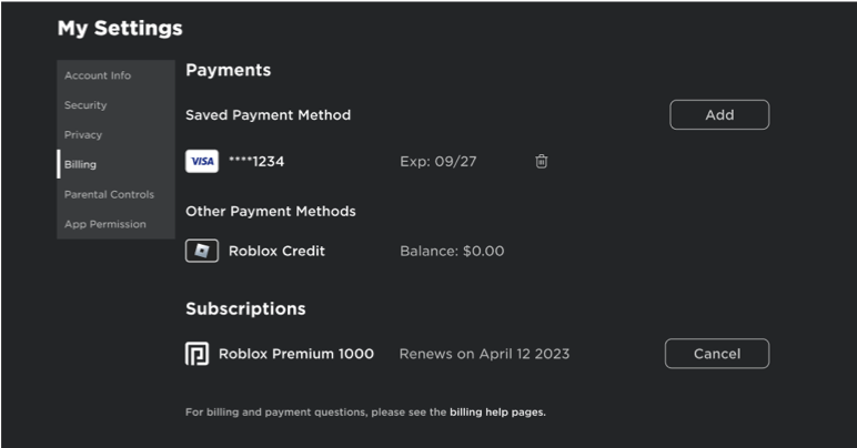 Roblox account settings billing screen showing credit balance on a mobile phone