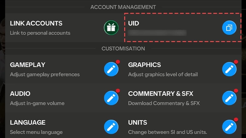 EA Sports FC Mobile settings menu displaying the User ID string and copy button