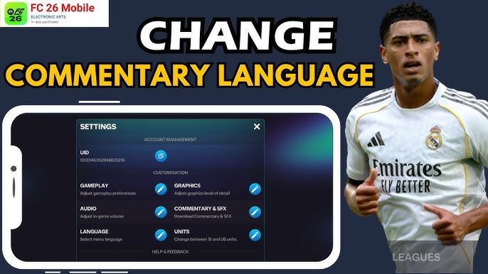 EA Sports FC Mobile language selection screen showing downloadable commentary packs