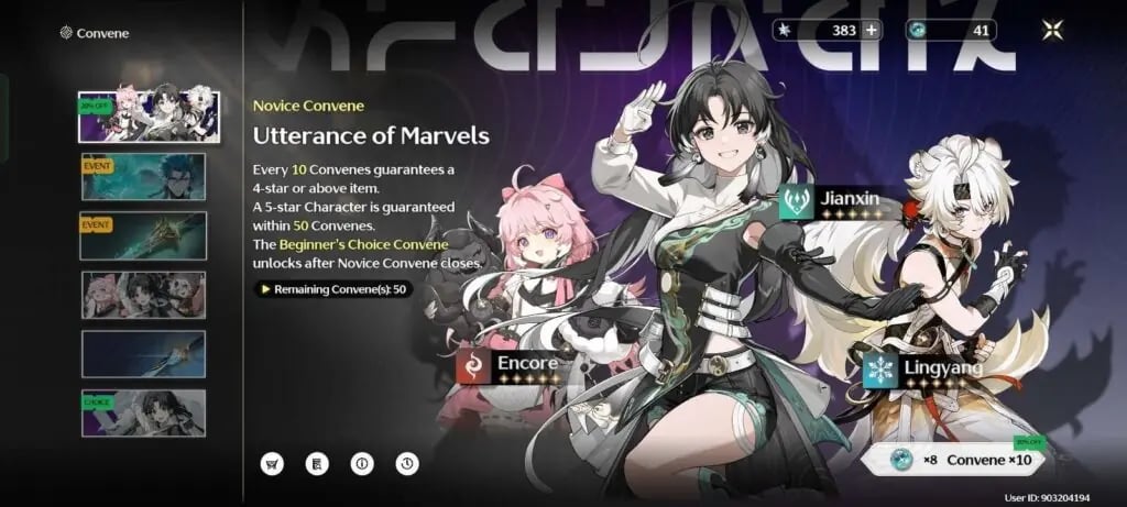 Convene banner interface displaying the Utterance of Marvels beginner summon option