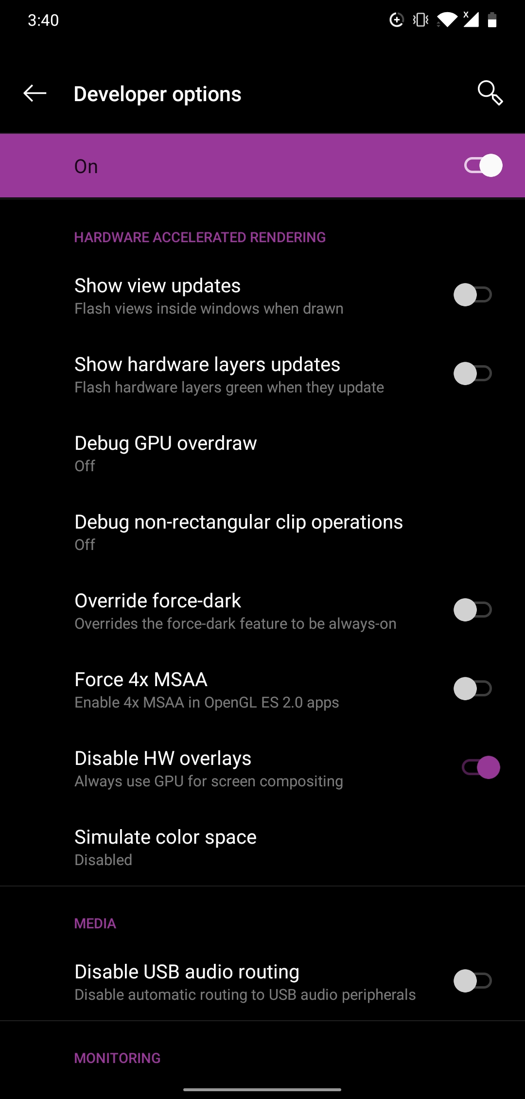 Android Developer Options menu highlighting the Disable HW overlays toggle