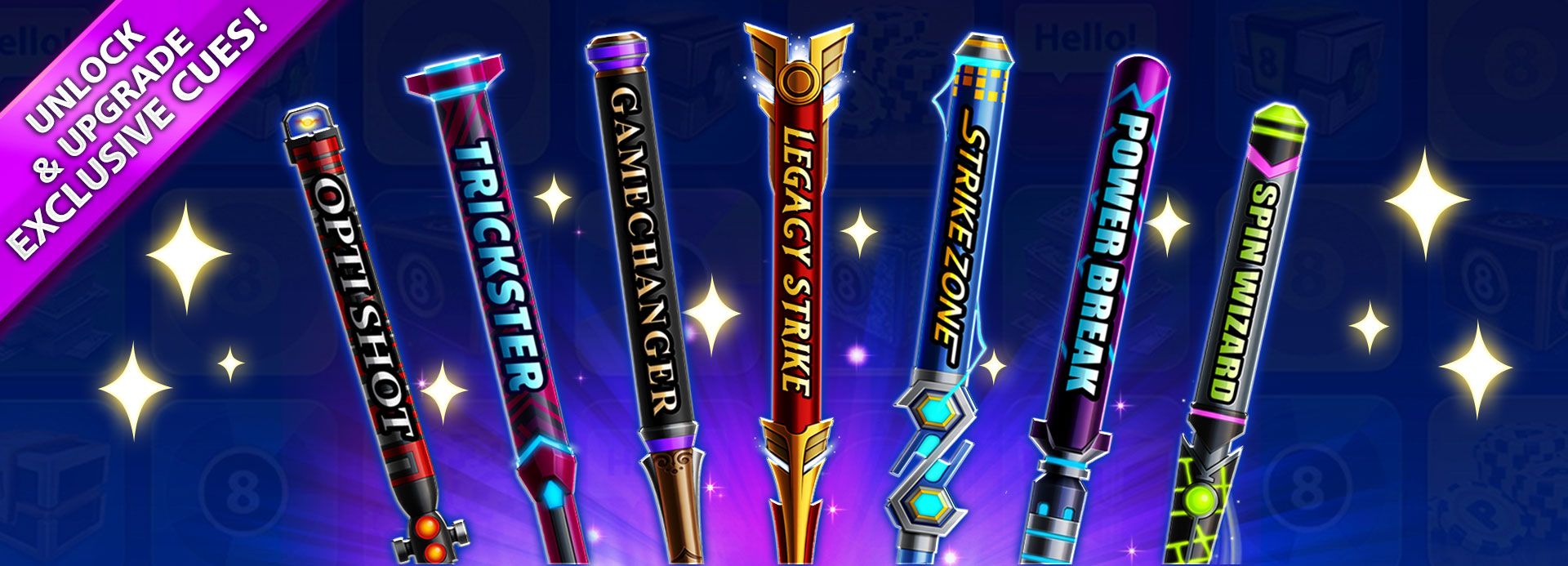 Image of 8 Ball Pool legendary cues and Pool Pass rewards track