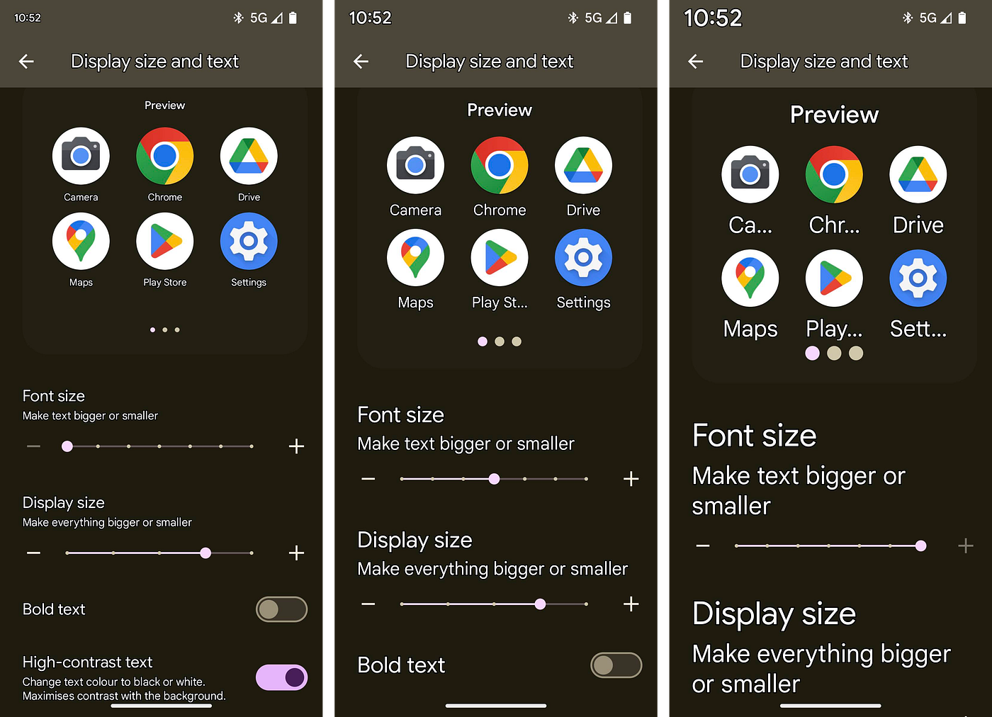 Android display settings menu showing font size adjustments