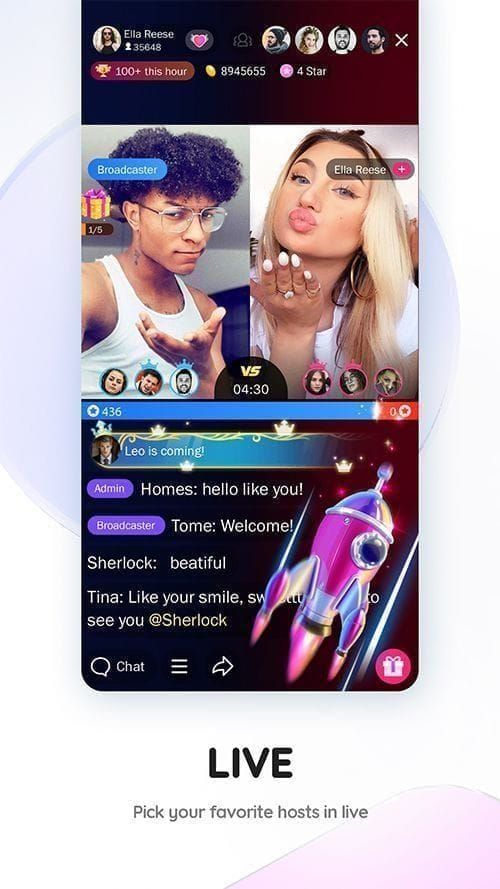 Two live streamers competing in a split-screen Likee PK battle with score bars