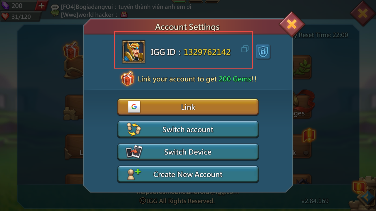 Lords Mobile Settings menu open on the Account tab showing a numeric IGG ID