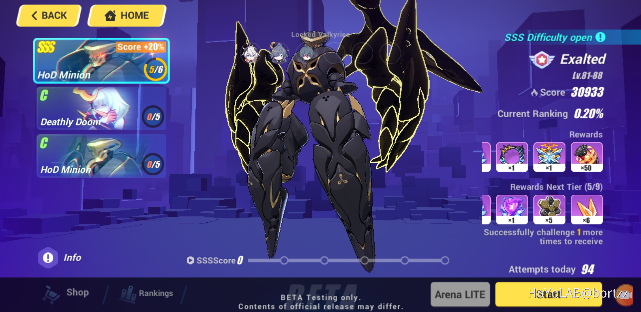 Honkai Impact 3rd Memorial Arena boss selection screen