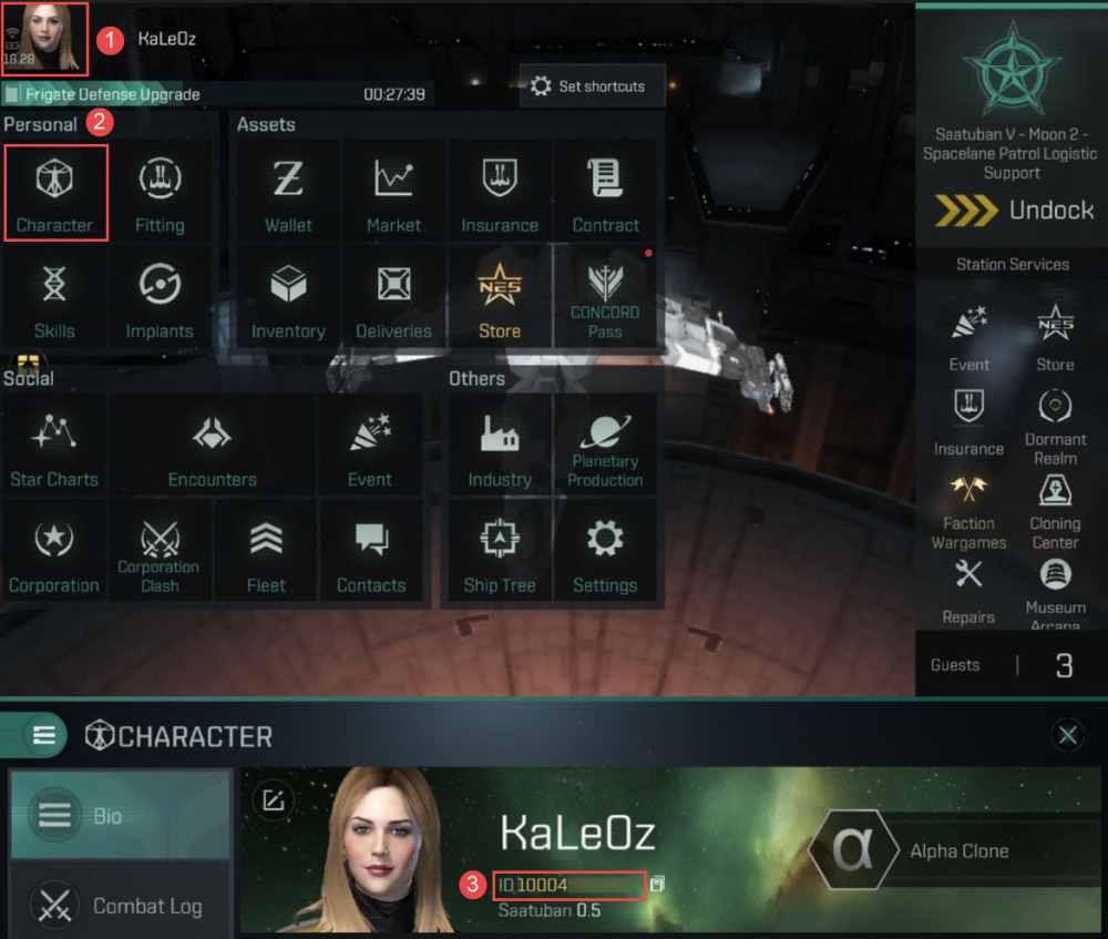 EVE Echoes pilot inspecting character profile menu to locate numeric Player ID for recharge