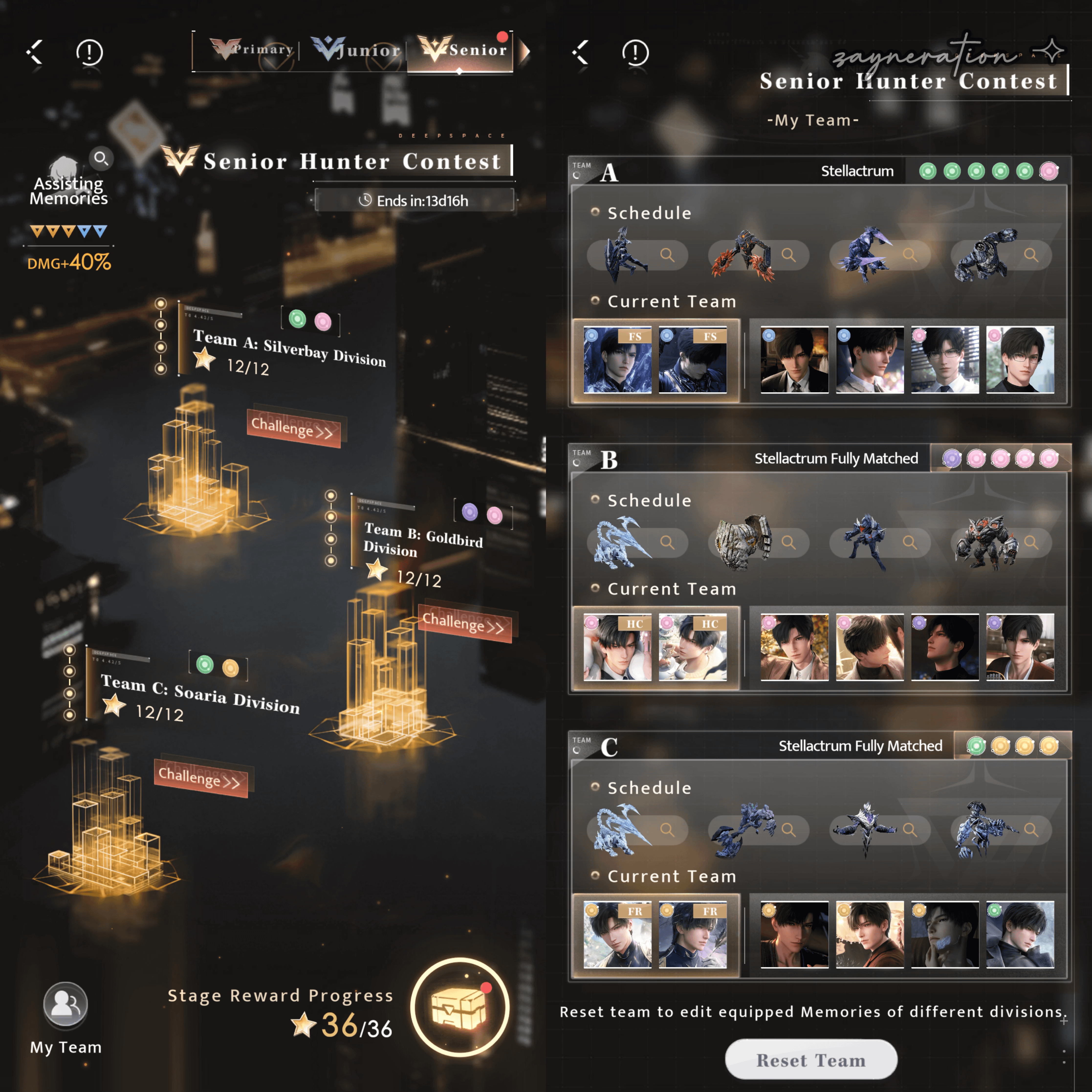 Combat team lineup in Love and Deepspace facing Senior Hunter Contest stage bosses