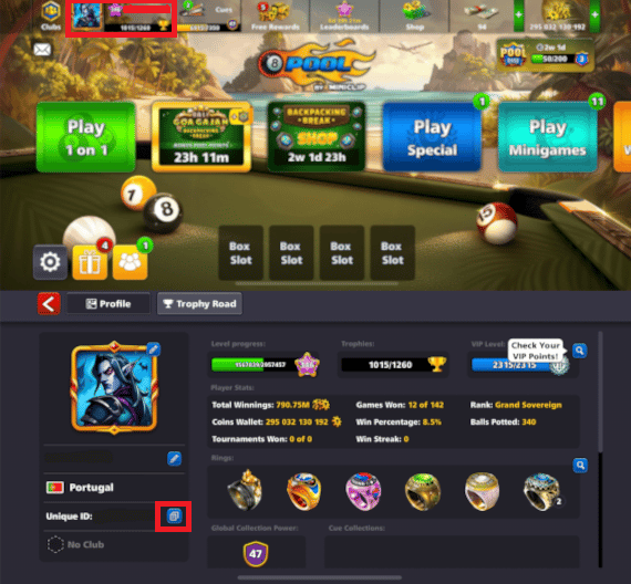 8 Ball Pool user profile page highlighting numeric Unique ID