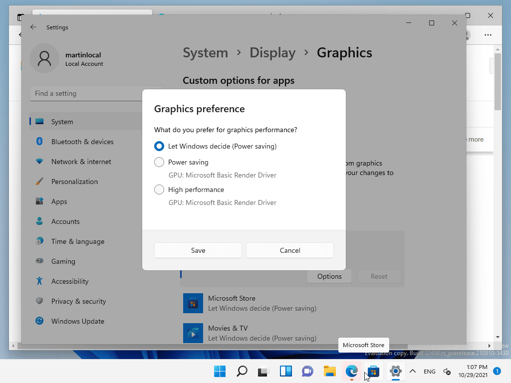 Windows Graphics Settings dialog selecting High Performance GPU