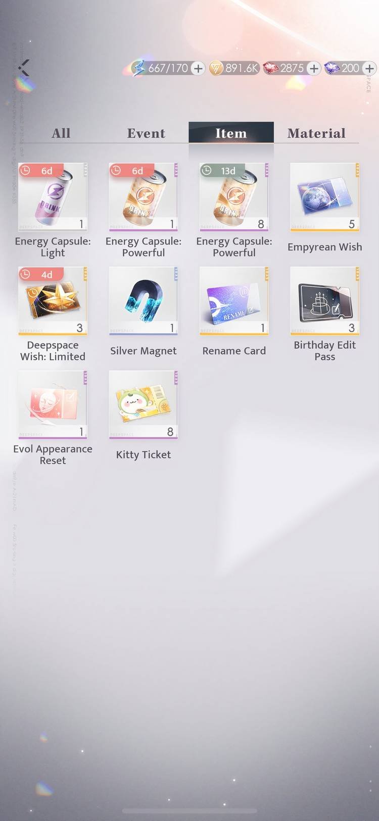 Love and Deepspace inventory showing Empyrean and Deepspace Wishes