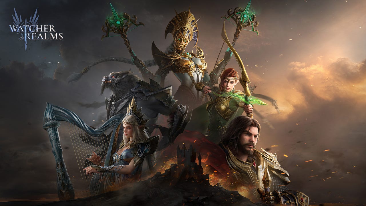 Watcher of Realms heroes lined up in dark fantasy key art with glowing weapons