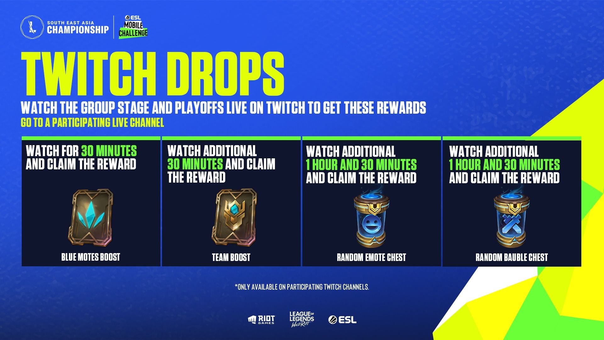 Twitch drops inventory page displaying unlocked Wild Rift cosmetics and linked Riot account status