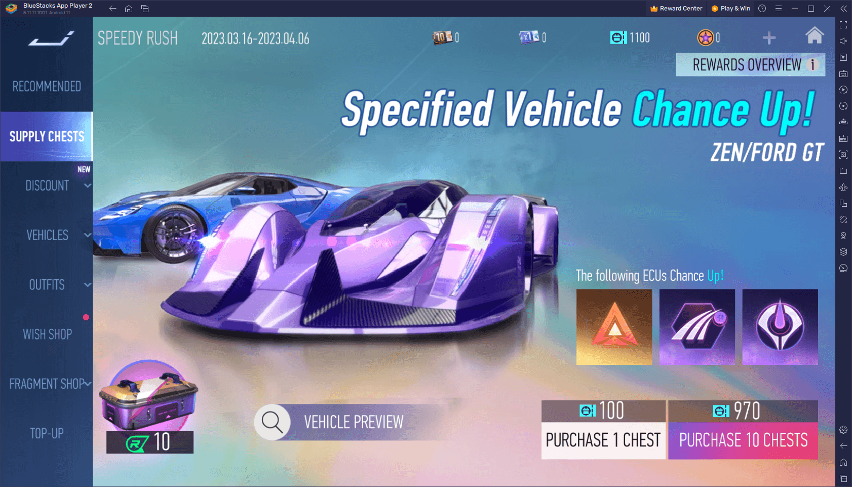 Ace Racer Speedfest Supply Box screen where Tokens get spent on vehicle gacha