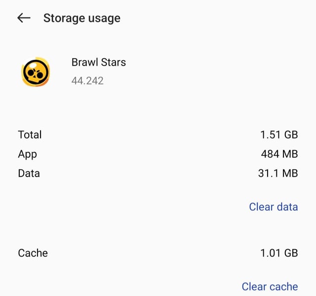 Android system settings screen showing clear cache option for Brawl Stars