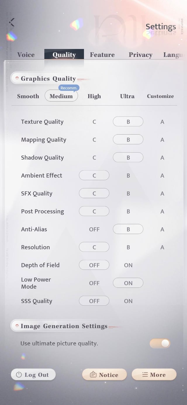 In-game graphics options menu in Love and Deepspace showing resolution and frame rate settings