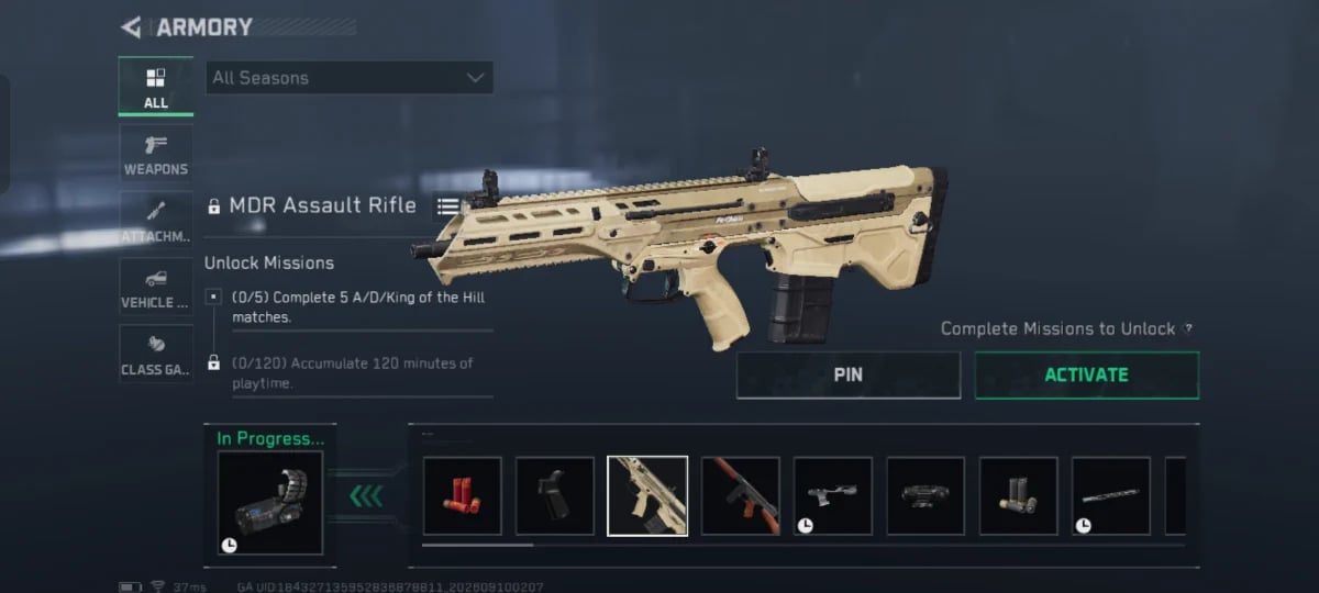Delta Force Warfare Armory displaying the MDR assault rifle and Thompson SMG