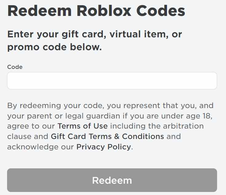 Official Roblox gift card redeem page open in a desktop browser