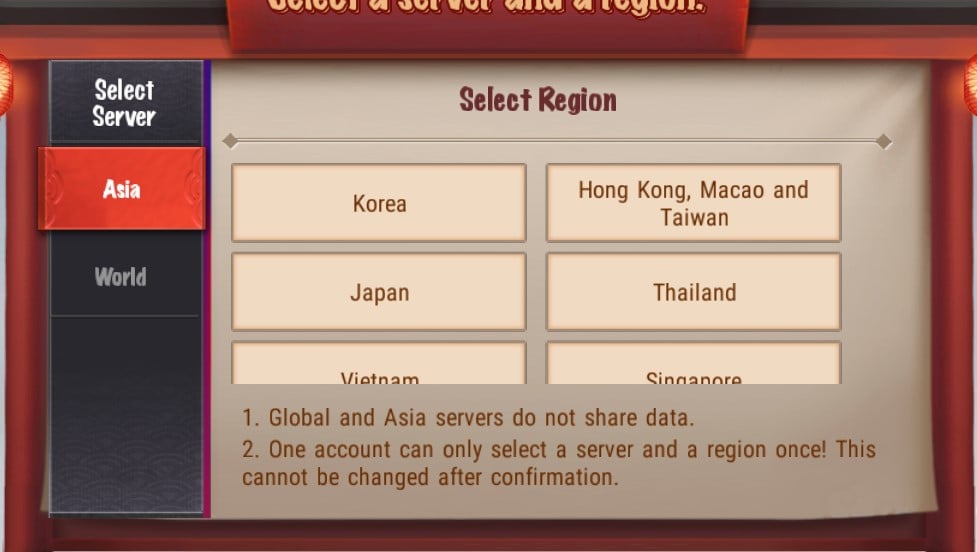 Onmyoji Arena server selection interface showing regional servers