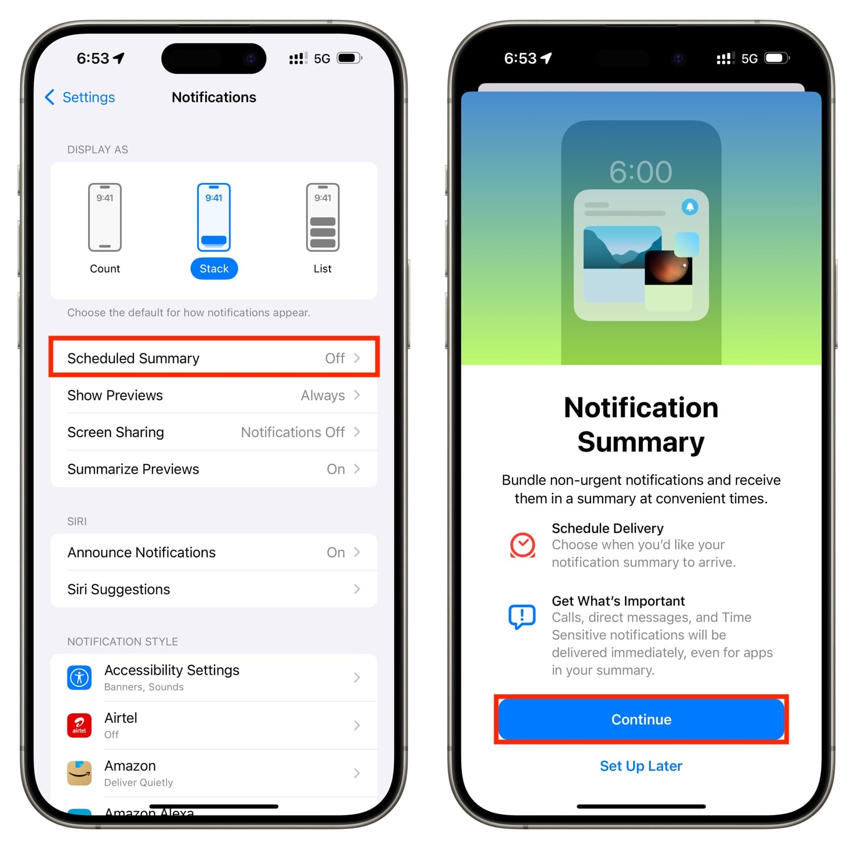 iOS Notification settings showing Scheduled Summary setup