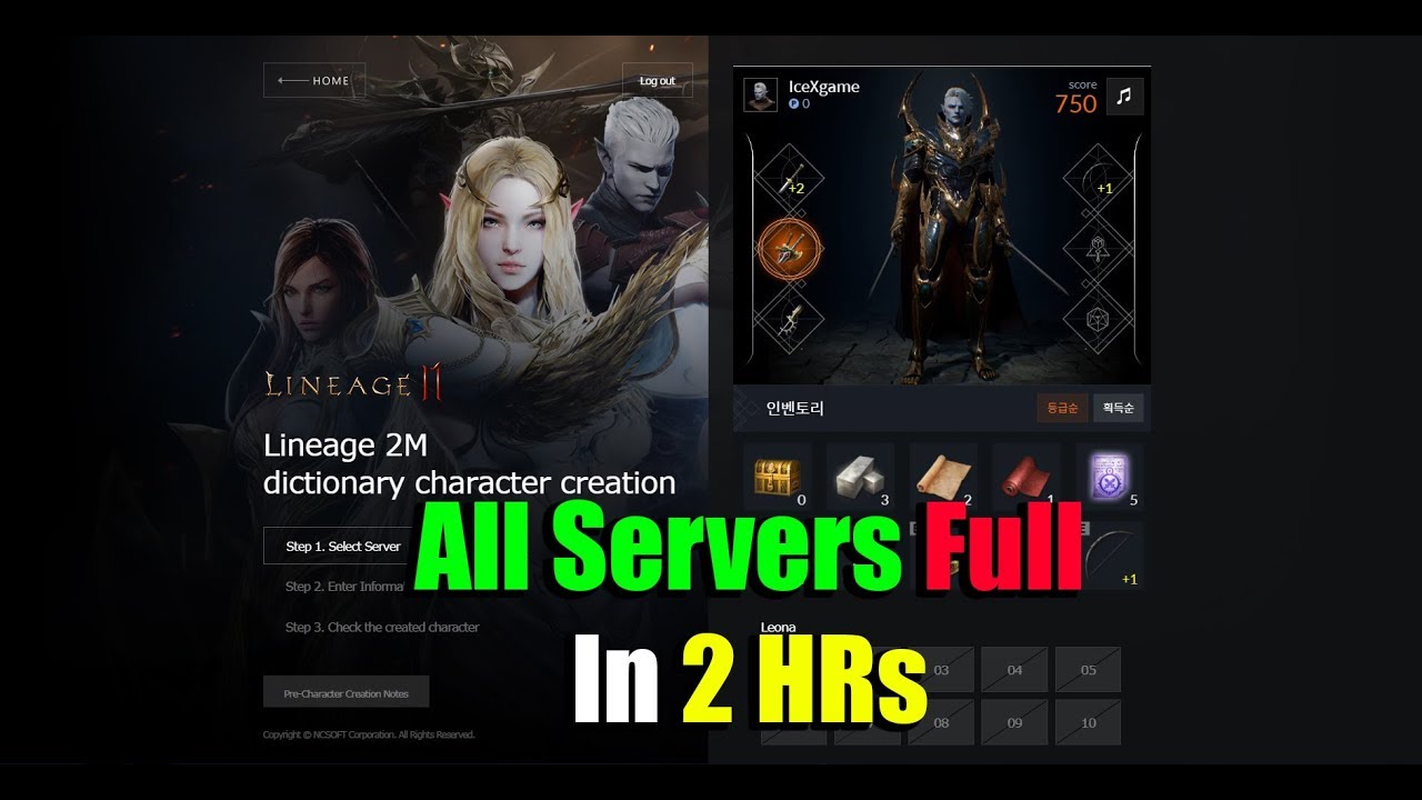 Lineage2M server selection menu highlighting numbered sub-servers 01 to 10