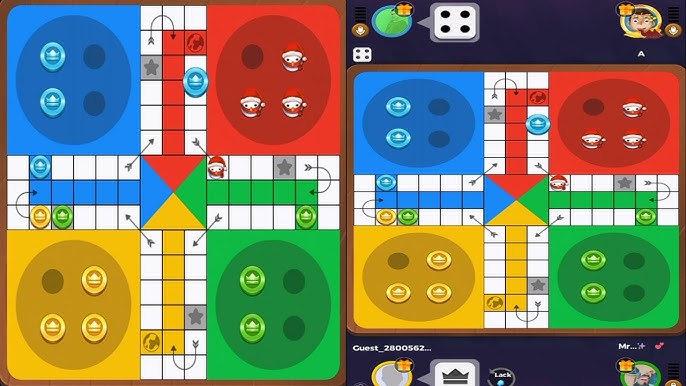 Four player Yalla Ludo board match showcasing active pawn movements and dice rolls