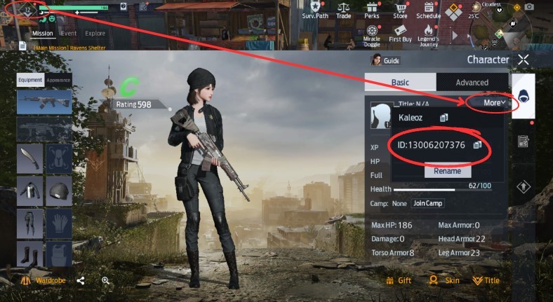 Undawn character profile interface showing numerical user ID and server