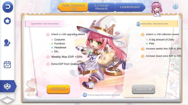 واجهة سجل مغامرات كافرا تعرض مستويات المكافآت وأزرار الترقية في Ragnarok M Classic