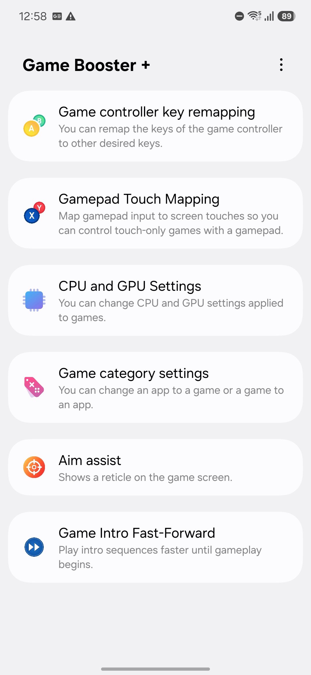 Android native game booster settings interface showing graphics and performance configurations
