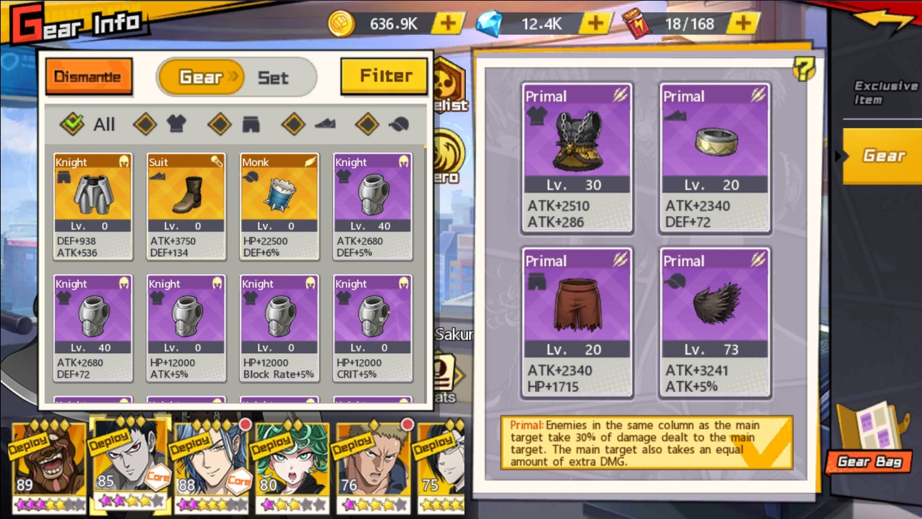 Hero gear equipment screen showing Monk speed set stats in One Punch Man The Strongest